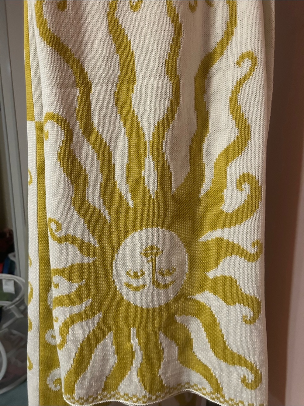 Anthropologie Sun Motif Knit Throw - Mustard and Cream